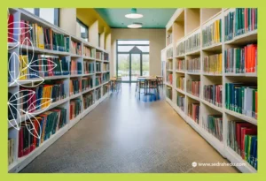 صورة مكتبة في روضة الأطفال تحتوي كتب مصفوفة بشكل مرتب.