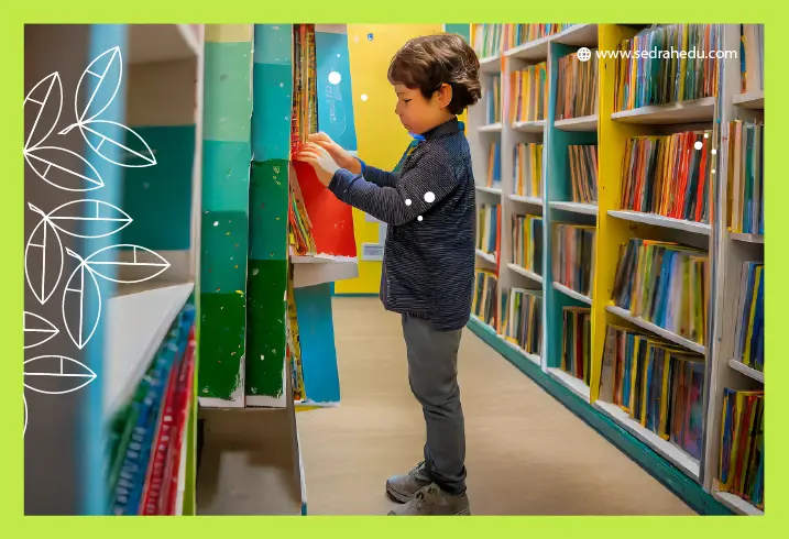 طول مكتبة روضة الأطفال يُمكن للاطفال الوصول اليها.