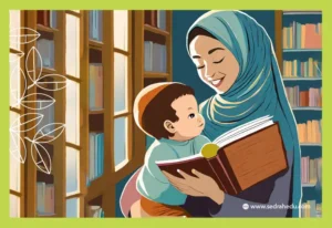 أم تبتسم وهي تحمل طفلها بيد واليد الأخرى تحمل كتاب.