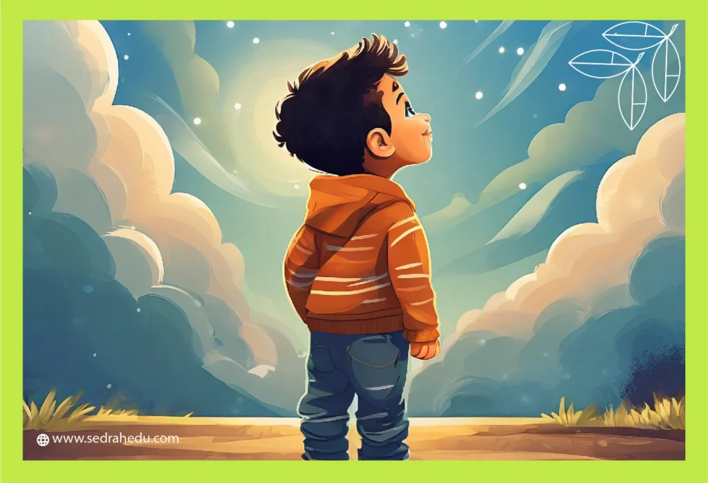 طفل يتفكر في السماء وهي من طرق تعليم معاني القرآن للأطفال