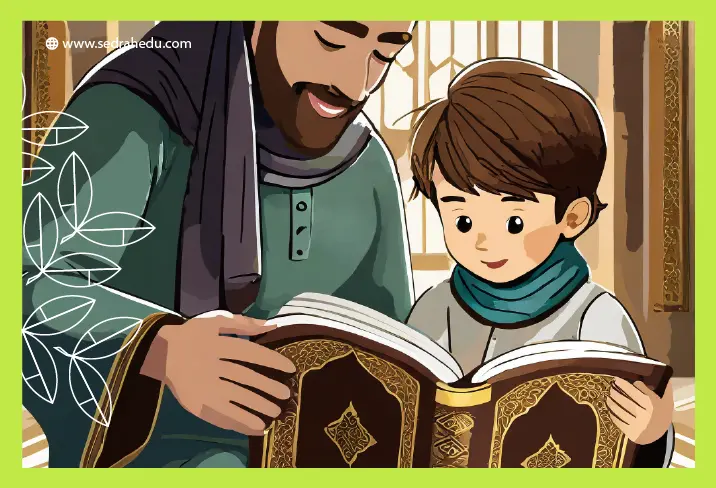 رسم كرتوني لطفل مع شيخ يقرأ القرآن.