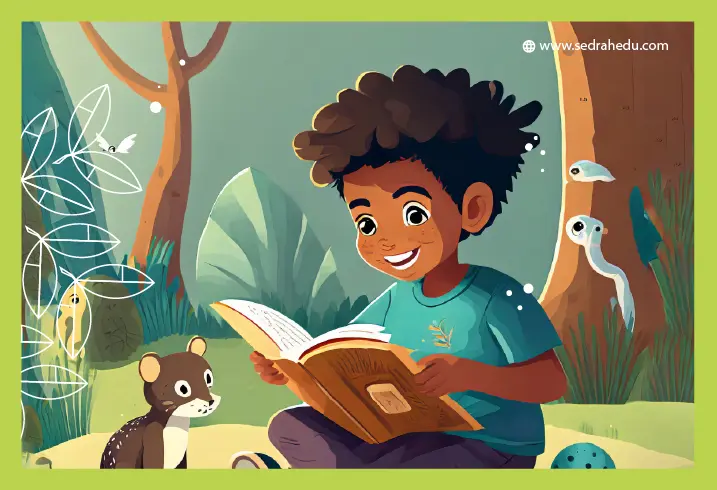 طفل بحوزته كتاب يقرأه في وسط الغابة.
