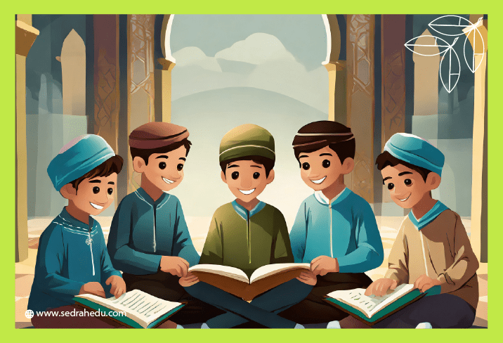مجموعة أطفال يتشاركون تلاوة القرآن ضمن حلقة في المسجد.